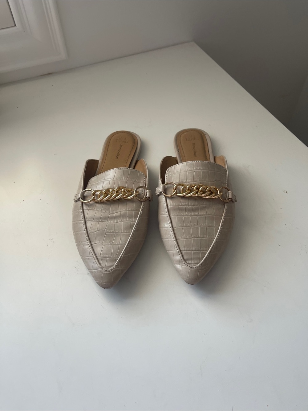 Time & Tru Pointed Toe Chain-Accent Slip-On Mules in Taupe